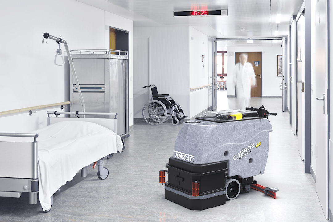 Tomcat showcasing the various applications of their floor scrubbers, in this case, in Healthcare