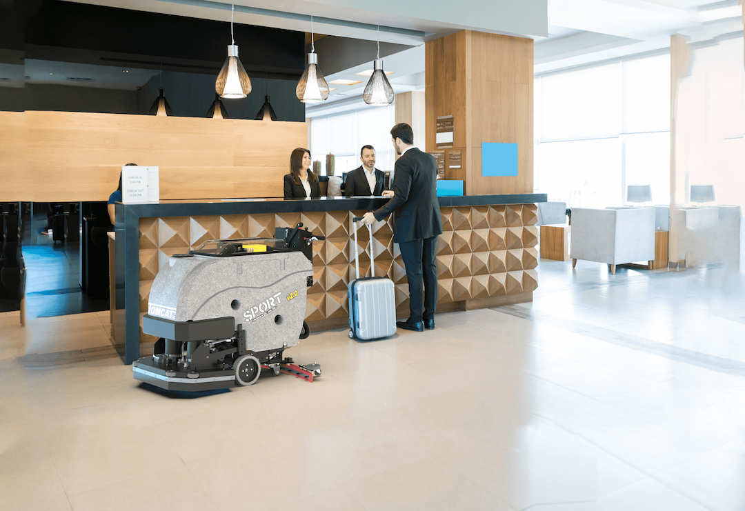 Tomcat showcasing the various applications of their floor scrubbers, in this case, in Hotels-Hospitality