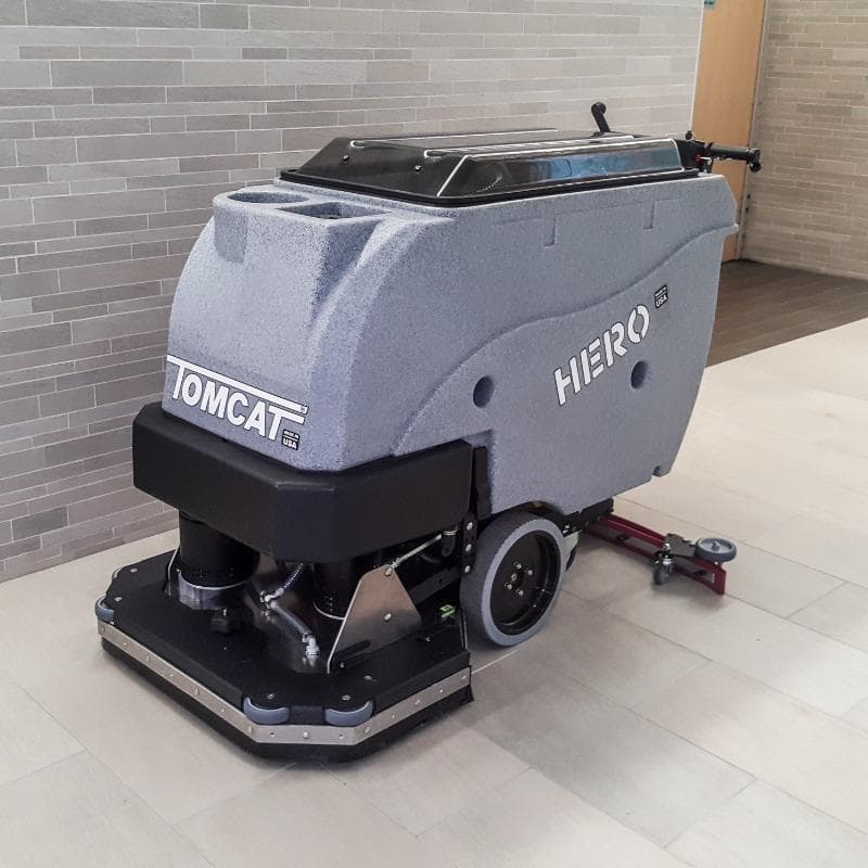 Tomcat Walk Behind Floor Scrubbers Hero reception areas porcelain tile HERO Walk Behind Floor Scrubber cleaning the porcelain tile floor of the reception area in a  n Aurora, Illinois church