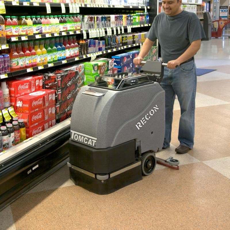 Tomcat Walk Behind Floor Scrubbers Recon aisles vct RECON battery Walk Behind Floor Scrubber cleans the VCT on the floors of a Palatine, Illinois grocery Store.