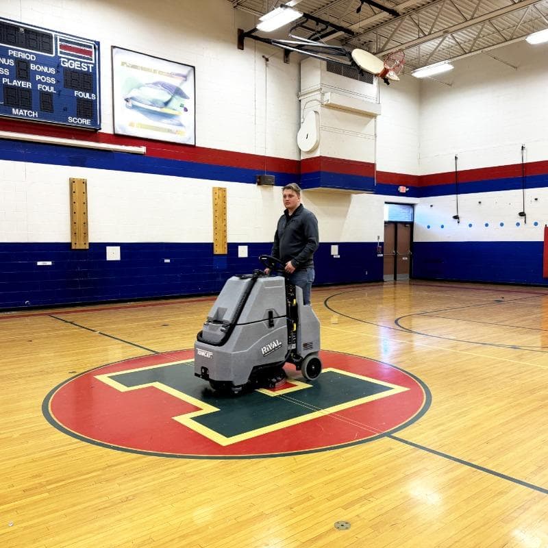 Tomcat Stand On Floor Scrubbers Rival gymnasium wood gym floor A Tomcat Rival stand on battery floor scrubber cleaning an intermediate school, gymnasium, wood floor in South Bend, IN